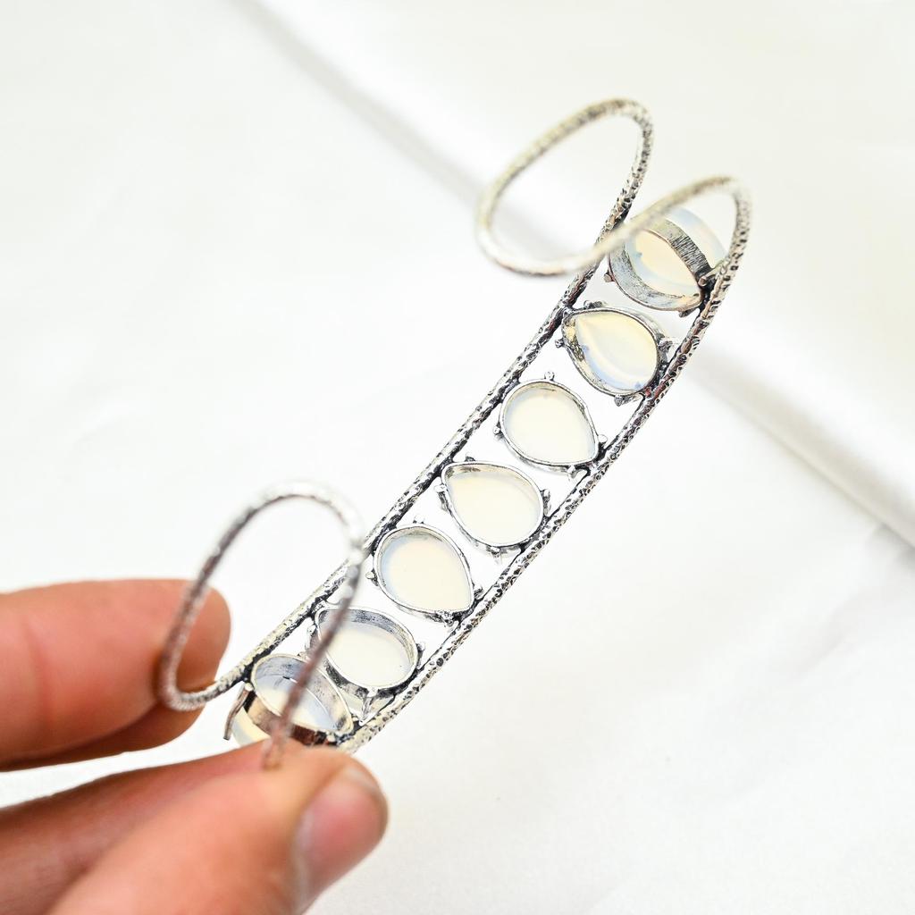 Milky Opal 925 Solid Sterling Silver Bracelet Adjustable, Handmade Gemstone Jewelry, Gift For Mom Antique Jewelry