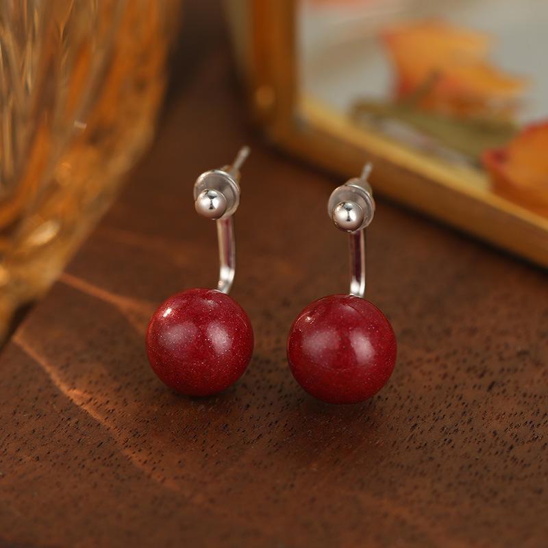 Banyan Tree S925 Silver Natural Purple Gold Sand Cinnabar Earrings for Women – High-End Red, New Autumn/Winter 2024 Style.