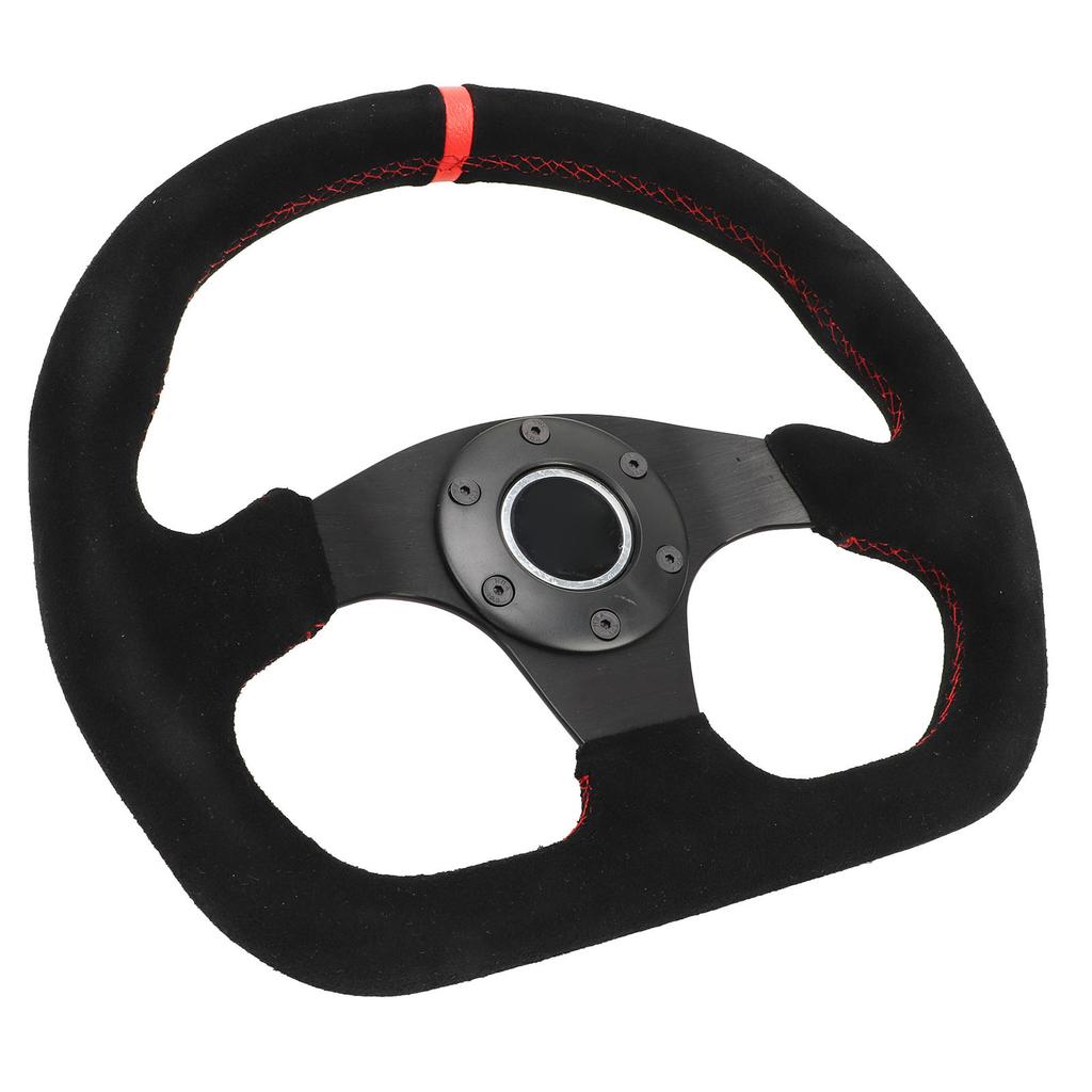 D Shape Steering Wheel 12.8in Suede Leather Race Style Steering Wheel with Red Stitch and Horn Button