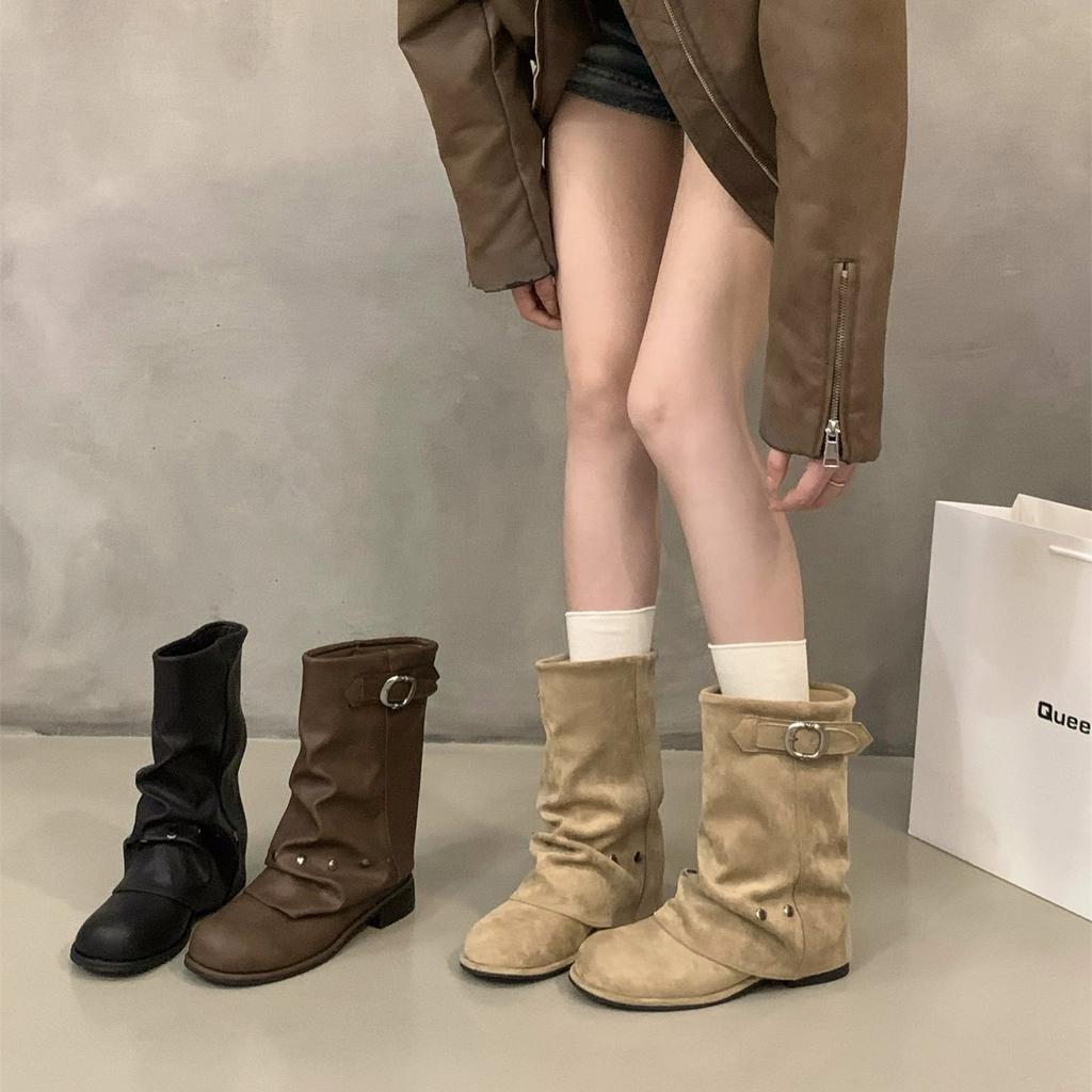 Thick heel black Martin boots women's boots 2025 new spring and autumn motorcycle mid-leg boots trouser tube boots with skirt boots