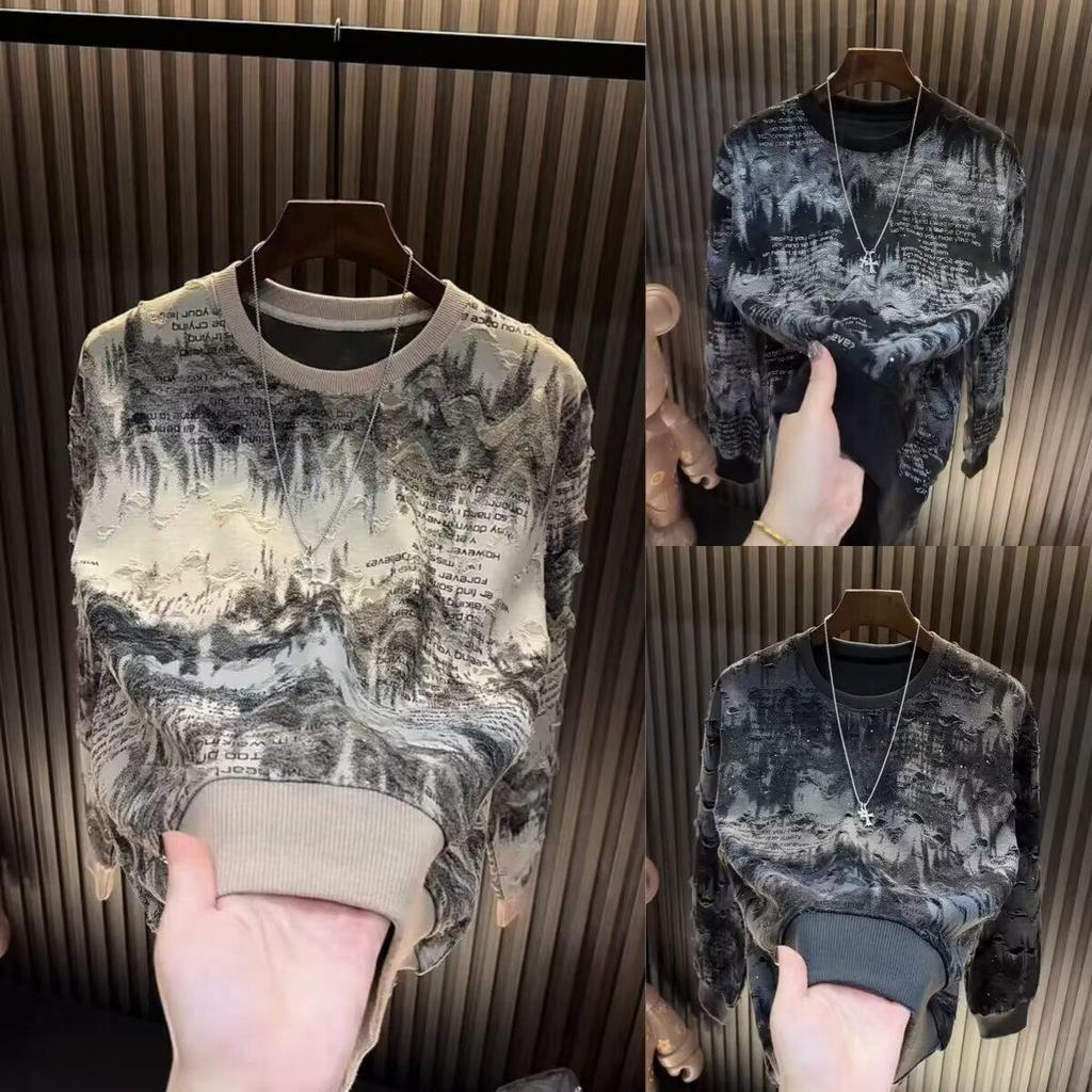 Trendiger Herren-Langarm-Hoodie 2025 mit Sternendesign, luxuriösem Rundhalsausschnitt und stylischen Ripped-Details