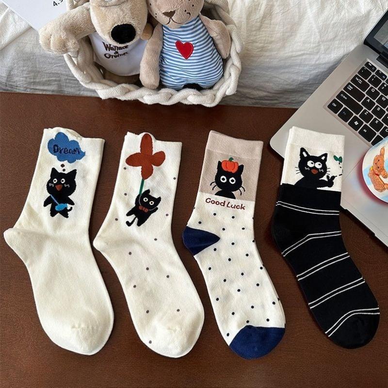 

4 Pairs Women Fashion Versatile Mid Tube Socks Casual Comfortable Cute Cat Cartoon Mid Tube Socks 4 pairs