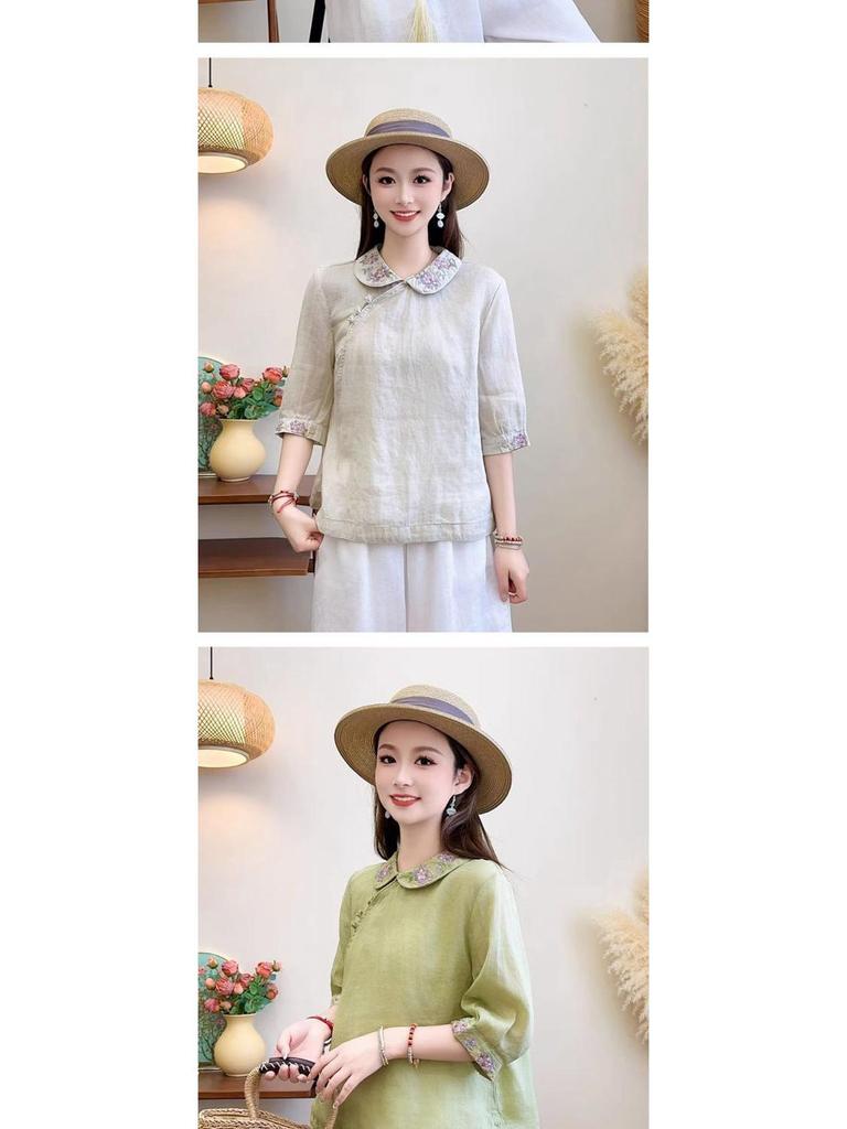 Women's Summer 2024 Chinese Retro Embroidered Cotton Linen Shirt