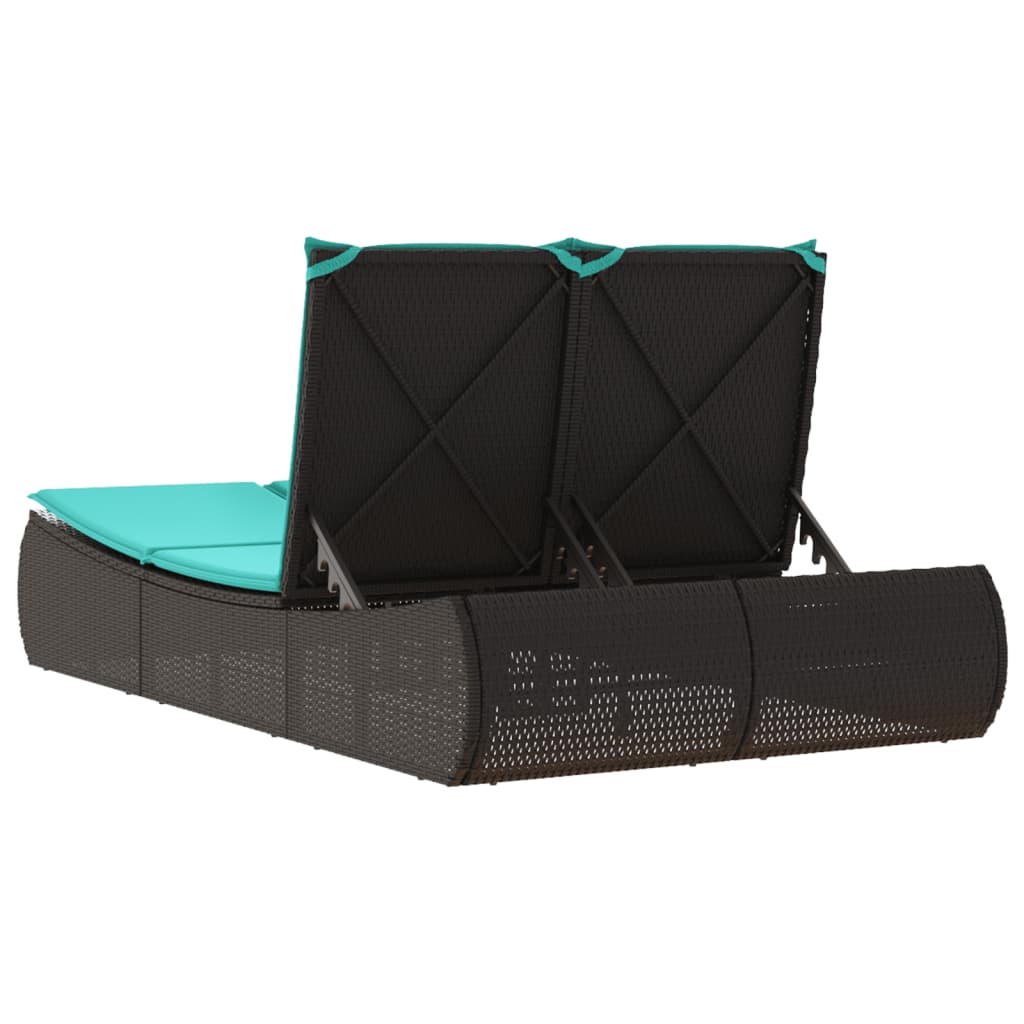 Double Sun Lounger with Cushions Black Poly Rattan