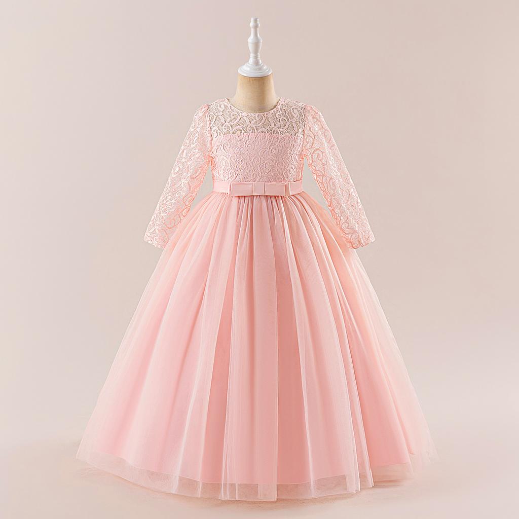 Flower Girl Princess Dress For Weddings Summer Kid Formal Bow Long Gown For School Evening Party Children New Year Cloth D0033S