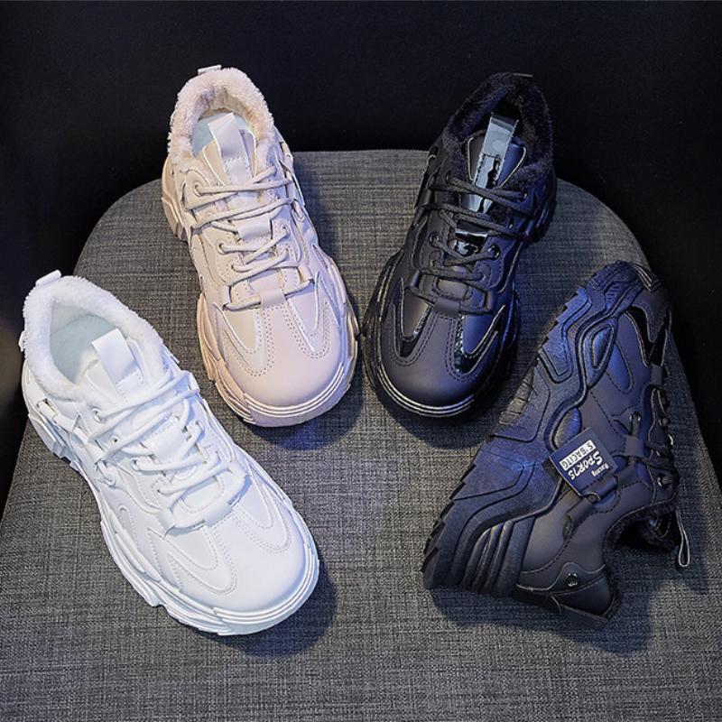 Mode Damen Winter Sneaker mit Fell Damen Schneestiefel Komfort Plus Plüsch Warm Sportschuhe Damen Plateau Skateboard Baumwollschuhe