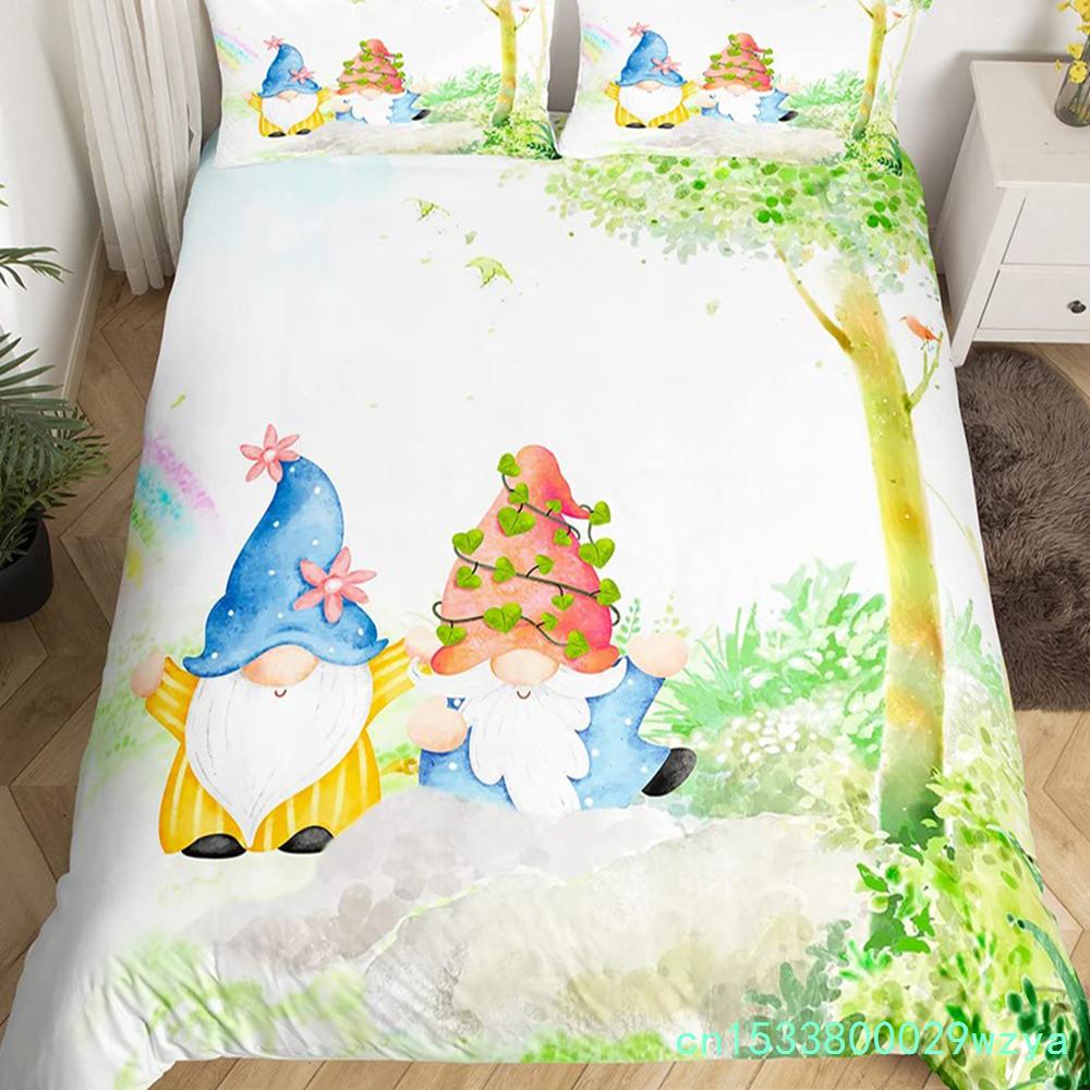 Purple Lavender Dwarf Duvet Cover King Queen Kawaii Cartoon Gnome Bedding Set Spring Flowers Comforter Cover Floral Quilt Cover