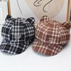 Cute cat ear plaid octagonal hat female autumn and winter retro embroidered beret showing face little girl versatile newsboy hat