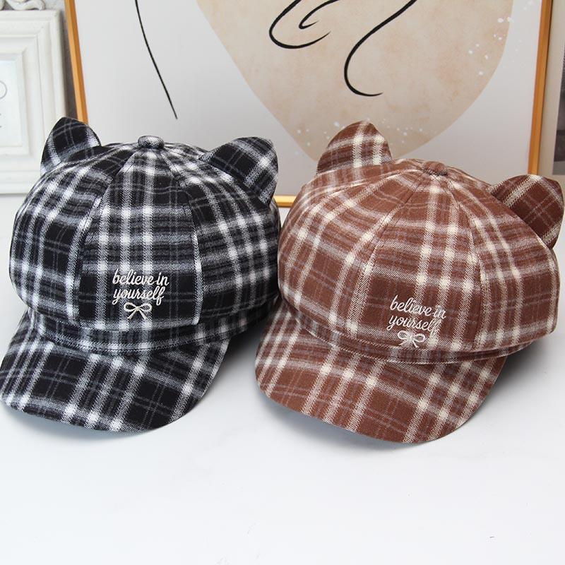 Cute cat ear plaid octagonal hat female autumn and winter retro embroidered beret showing face little girl versatile newsboy hat
