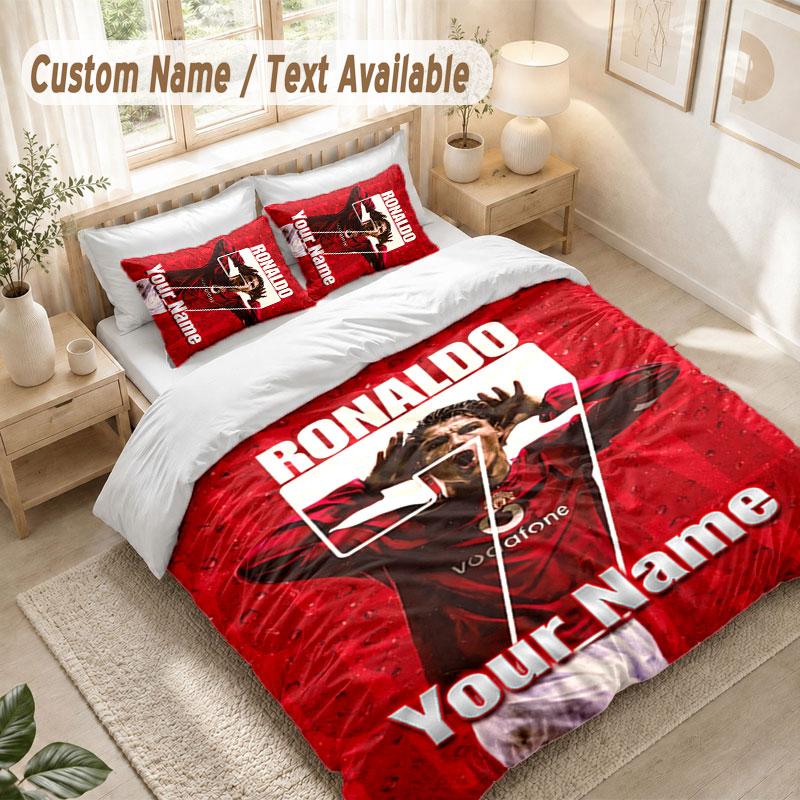 Custom Name Bedding Set 3 PiecesCristiano Ronaldo Print Duvet Cover + 2 Pillowcases Soft Bed Decor