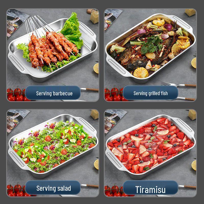 Stainless Steel Grilled Fish & Crayfish Pan | Rectangular Tray | Induction Compatible | Deep Dish BBQ Pan | Flat Bottom