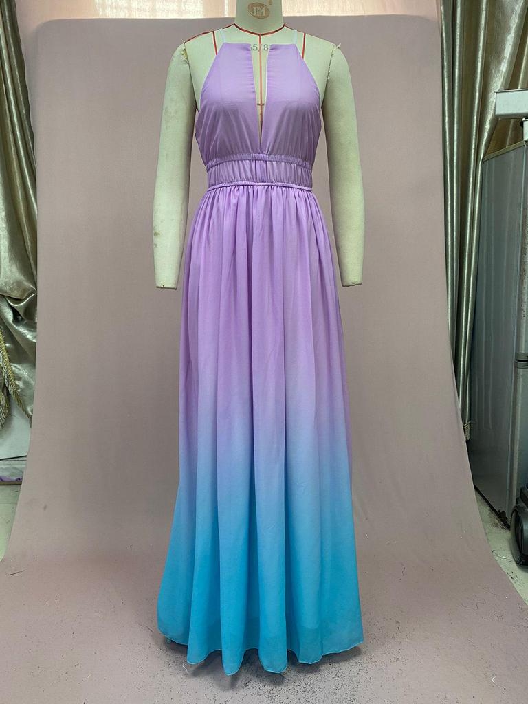 2025 Women's Gradient Deep V Evening Gown - European/American Style with Waist-Gathering & Big Swing