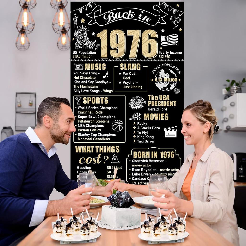 50th Birthday Decorations Back In 1976 Door Banner for Men Women, Black Gold Happy 50 Birthday Door Cover Party Supplies, Fifty Year Old Bday