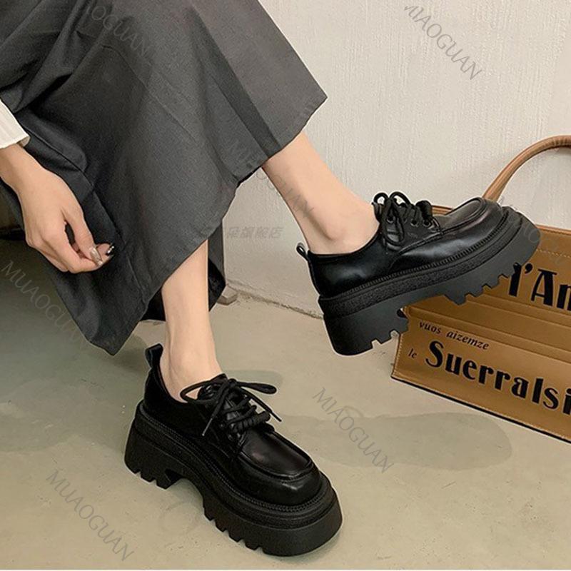 Fashion Women Spring Autumn Thick Bottom Leather Pumps Retro Round Head Lace Up Mary Janes Shoes Middle Heel Casual Loafers for Women