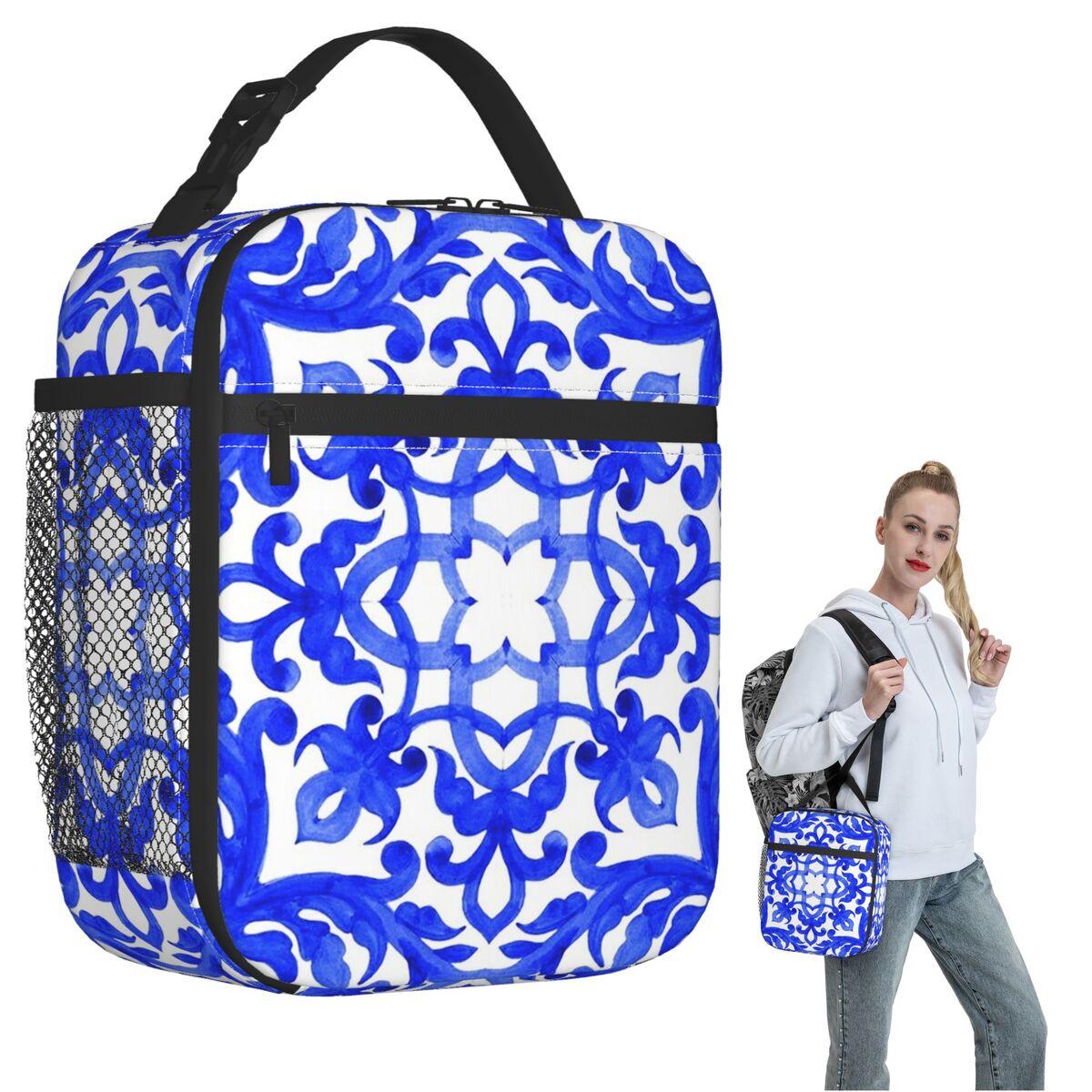 Portuguese Azulejo Tiles Insulated Lunch Bag for Women Kids Portable Food Boxes Thermal Lunch Box Tote One Size