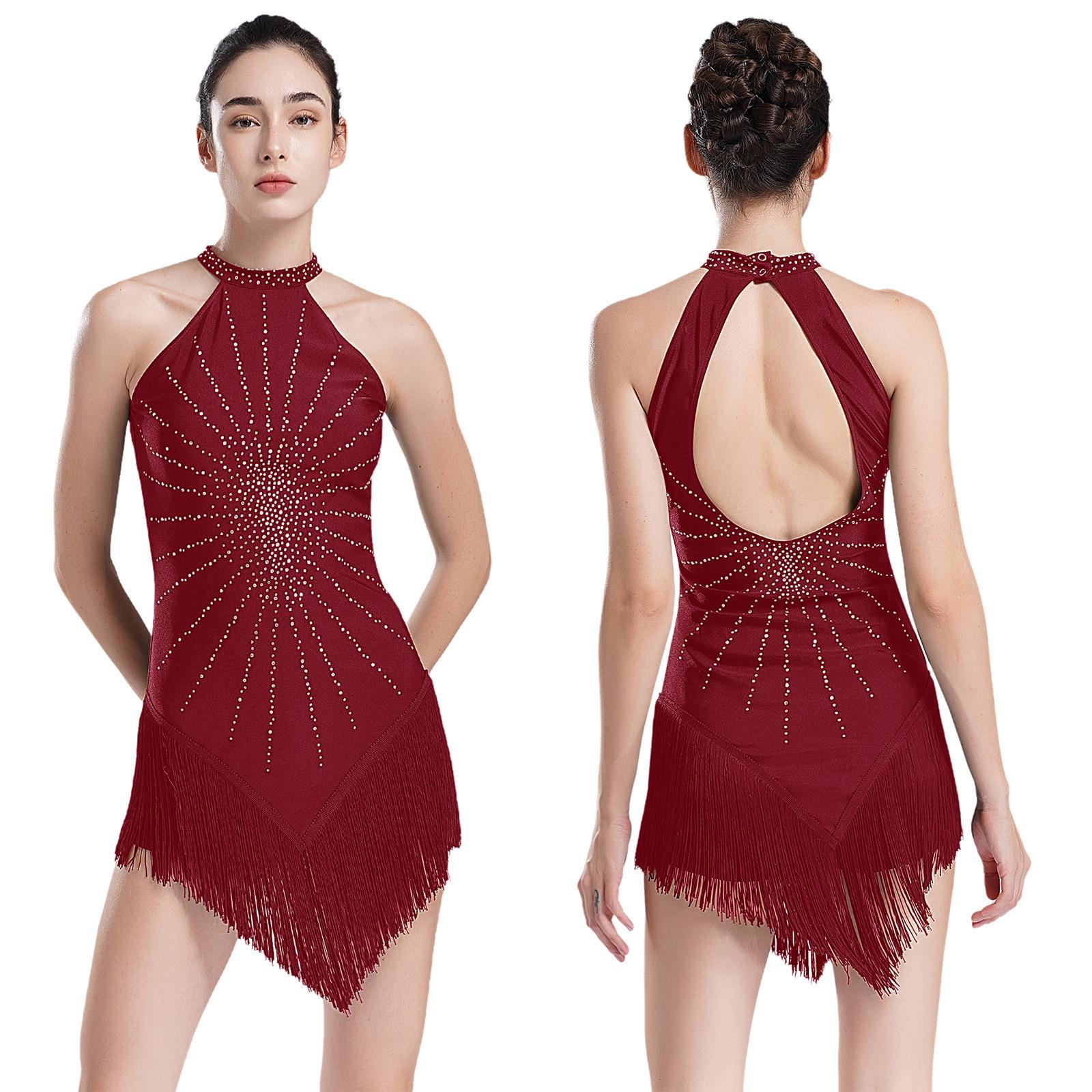 

Женский костюм для латинских танцев, без рукавов, блестящие стразы, бахрома по подолу, платье для танго, румбы, сальсы, ча-ча, бальных танцев S бордовый