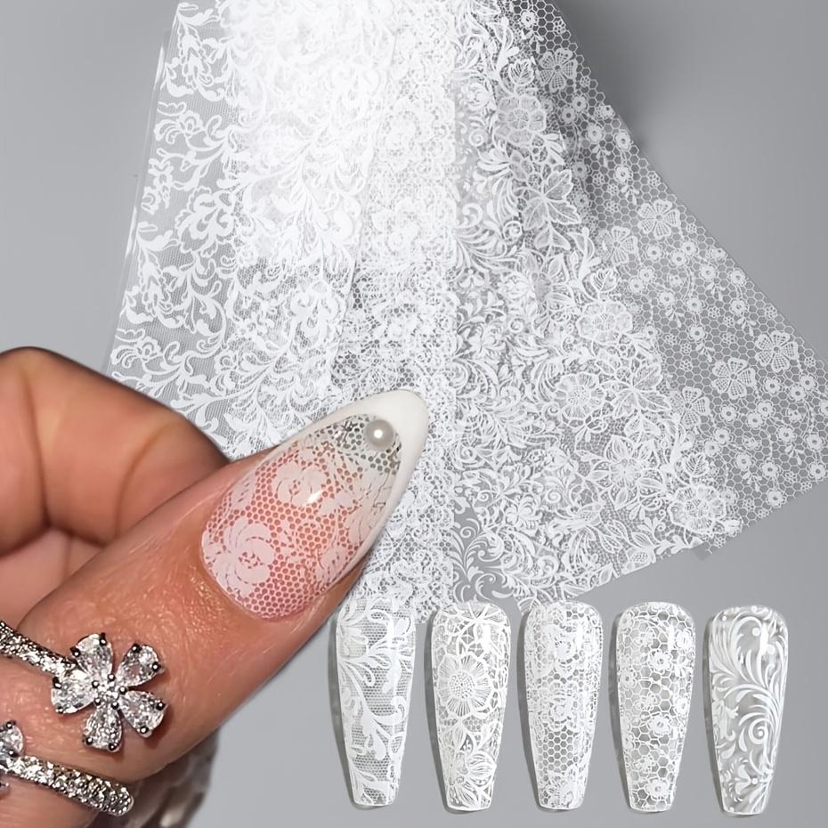 10Pcs/Pack Black‑White Lace Nail Transfer Foils, Hollow Floral Mesh Vintage Nail Stickers, Wedding Bridal Manicure Supplies