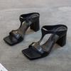 Summer new thick-heeled slippers women's outer wear square head open-toed one-word foreign trade large-size high heels