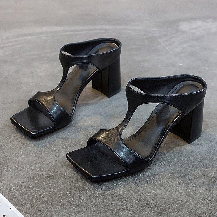Summer new thick-heeled slippers women's outer wear square head open-toed one-word foreign trade large-size high heels
