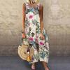 Abito Lungo Lento da Donna Vintage Senza Maniche Scollo O Stampa Floreale Foglie Cotone Lino