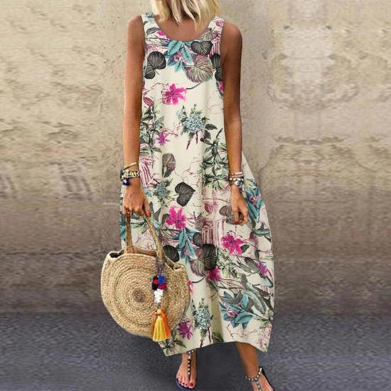 Abito Lungo Lento da Donna Vintage Senza Maniche Scollo O Stampa Floreale Foglie Cotone Lino