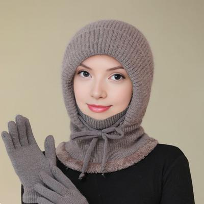 Knitted Wool Hat with Lace-Up Adjustment Velvet Lining Face Neck Protection Riding Headgear Winter Warmth Hat