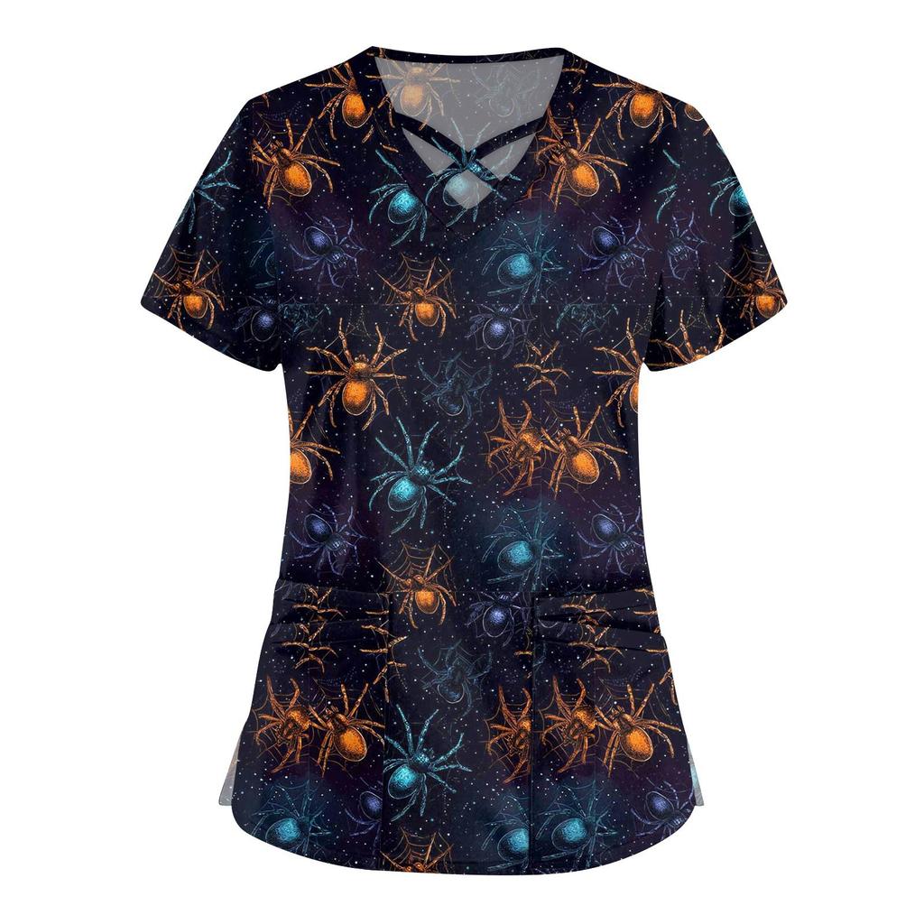 Women's Fashion Cross V Neck Short Sleeve Overalls Double Pockets Halloween Printed Tops Uniforms