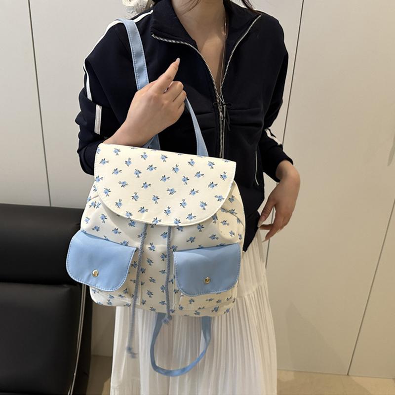 Women Floral Backpack Stylish Laptop Backpack Large Capacity Students School Bag Multi-pockets Adjustable Strap Nylon Backpack