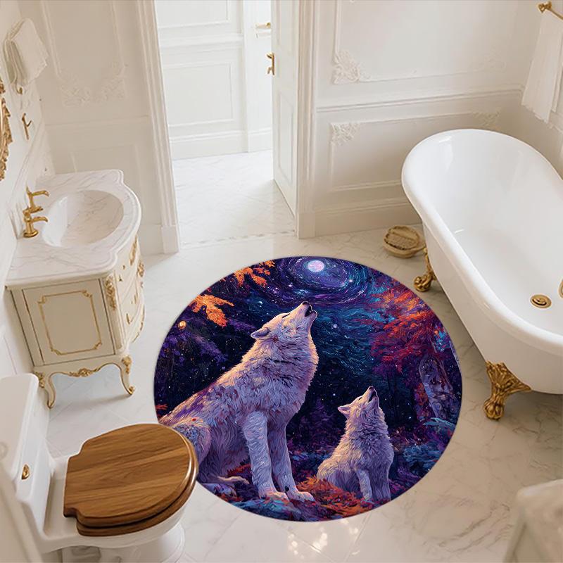 Two White Wolves,Round Area Rug,Carpet Rug for Living Room Bedroom Sofa Playroom Decor,Non-slip Floor Mat