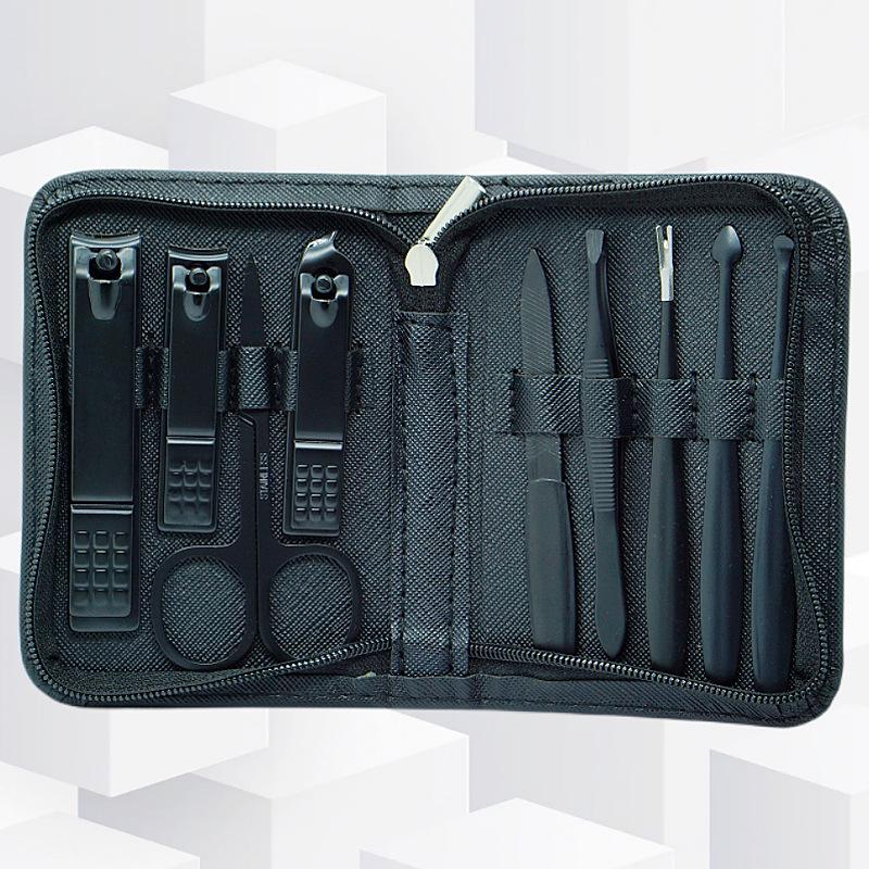 Stainless Steel 9-Piece Manicure & Pedicure Set with Tweezers and Nail Clippers In Black.