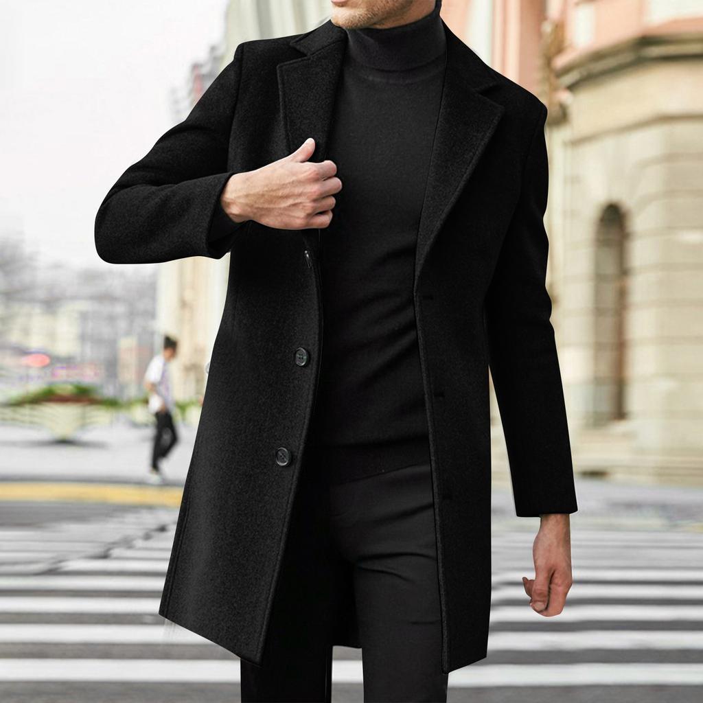 Men's Mid Length Trench Coat Trendy Business Single Breasted Wool Coat