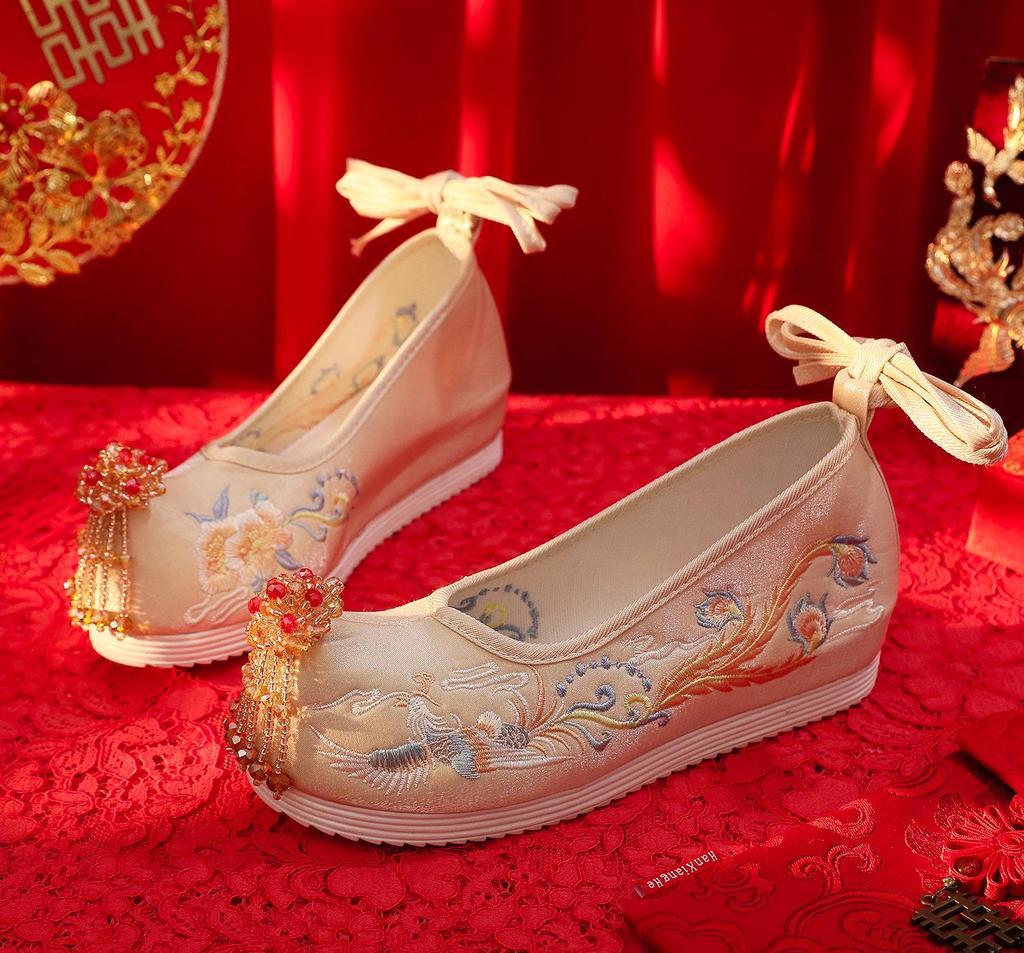 Xiuhua Women's Pearl Tassel High Heels - Ancient Style Pointed Toe Wedding Shoes for Bride, Hanfu Toasting Shoes