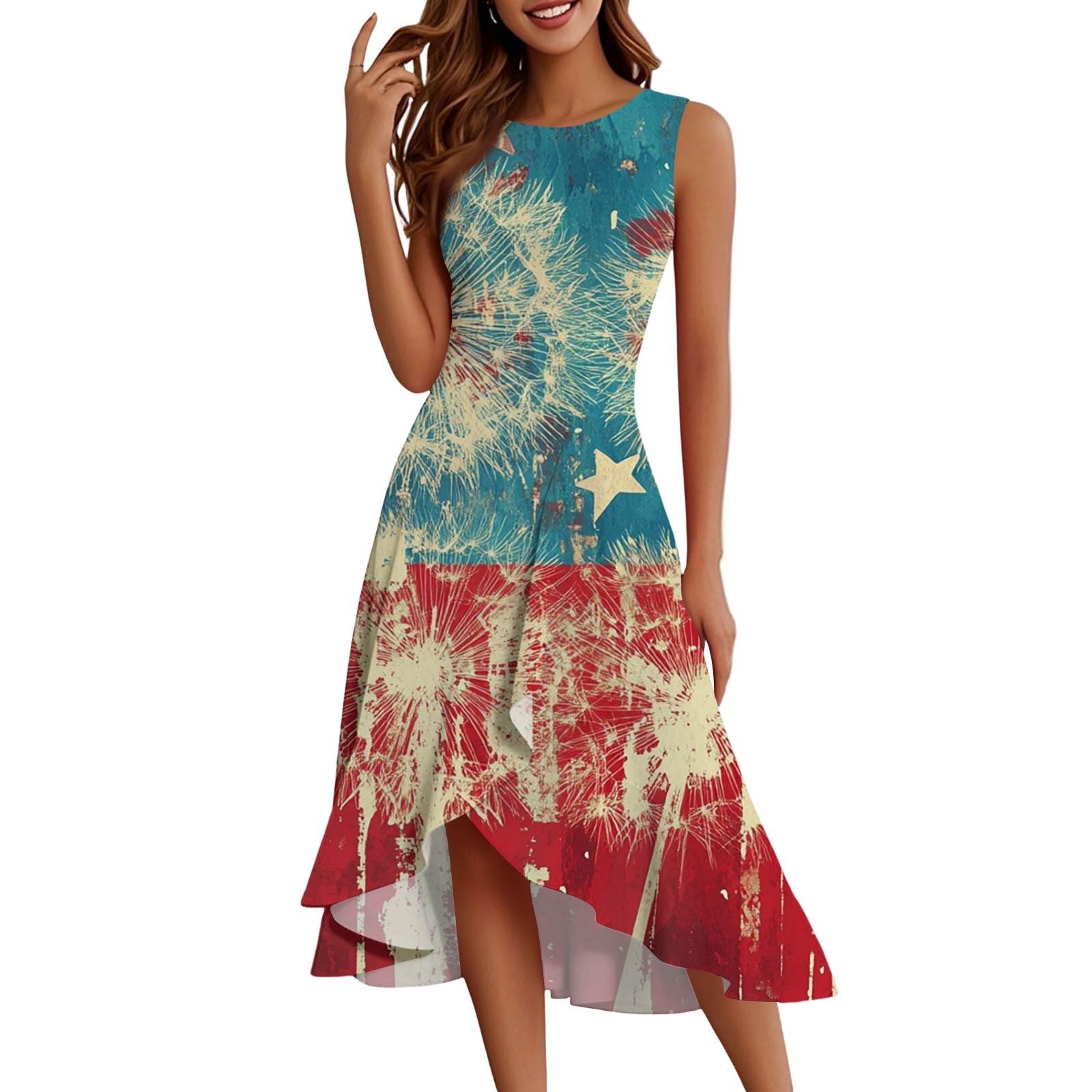 

Женская мода повседневная молния без рукавов круглый вырез День независимости элегантный темперамент оборки платья платья XL
