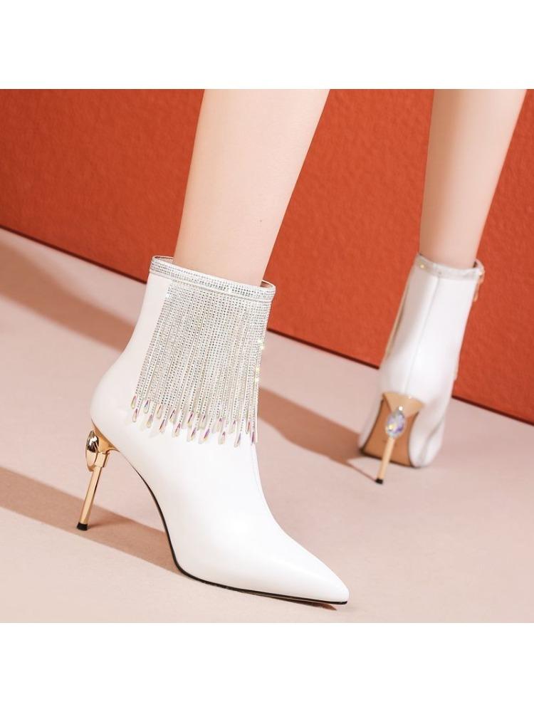 Fashion Booties Women Rhinestone Tassel 2026 Winter Pointed Toe Autumn Winter New Pointed Toe Stiletto High Heel Naked Boots
