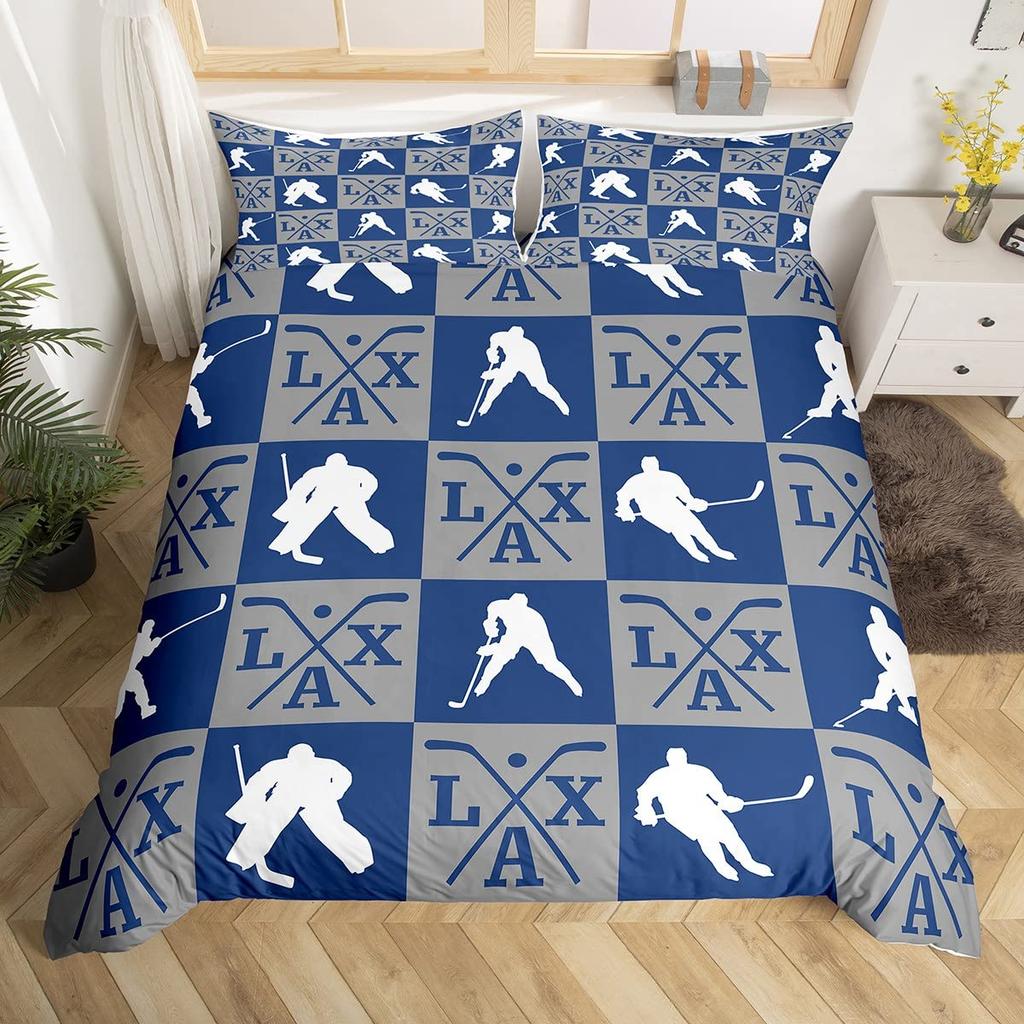 Jégkorong Paplanhuzat Szett Teljes Queen Méret, Geometrikus Kockás Patchwork Stílusos Ágynemű Szett, Sportoló Téli Sportok Paplanhuzat