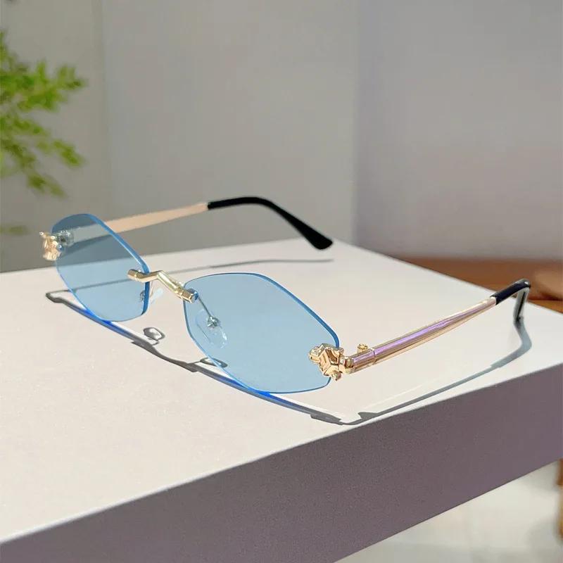 Vintage Rimless Rhombus Sunglasses Women For Men Luxury Brand Designer Popular Punk Hip Hop Metal Leopard Head Sun Glasses