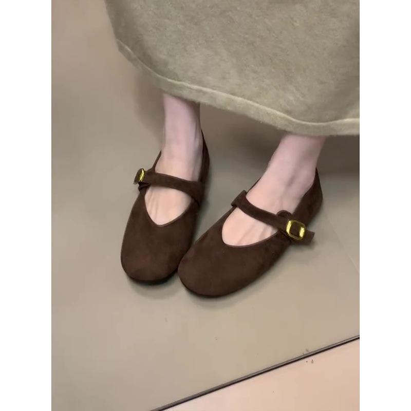 Simple Design Round Head with Buckle Suede Mary Jane Soft Sole Comfortable Women's Shoes