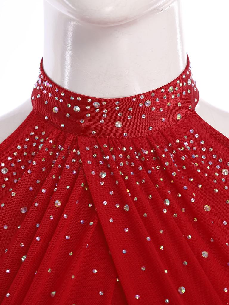 Damen Latein-Tanzparty Jumpsuit S-XXL: Halter Off-Shoulder rückenfreie Strampler mit Strasssteinen, mehrstufigen Quasten für Samba, Rumba, Gesellschaftstanz