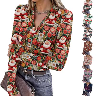 Women's Fashion Casual Christmas Print V-Neck Long Sleeve Button-Down Top