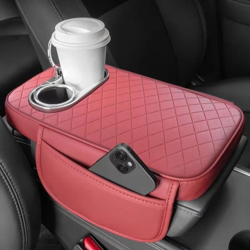 PU-Leder Auto Mittelkonsole Armlehnenkissen mit 2 Getränkehaltern und Seitentasche Auto Erhöhtes Kissen Auto Armlehnenbezug