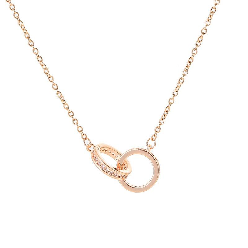 Korean Style Double Ring Full Diamond Titanium Steel Necklace Women Clavicle Chain