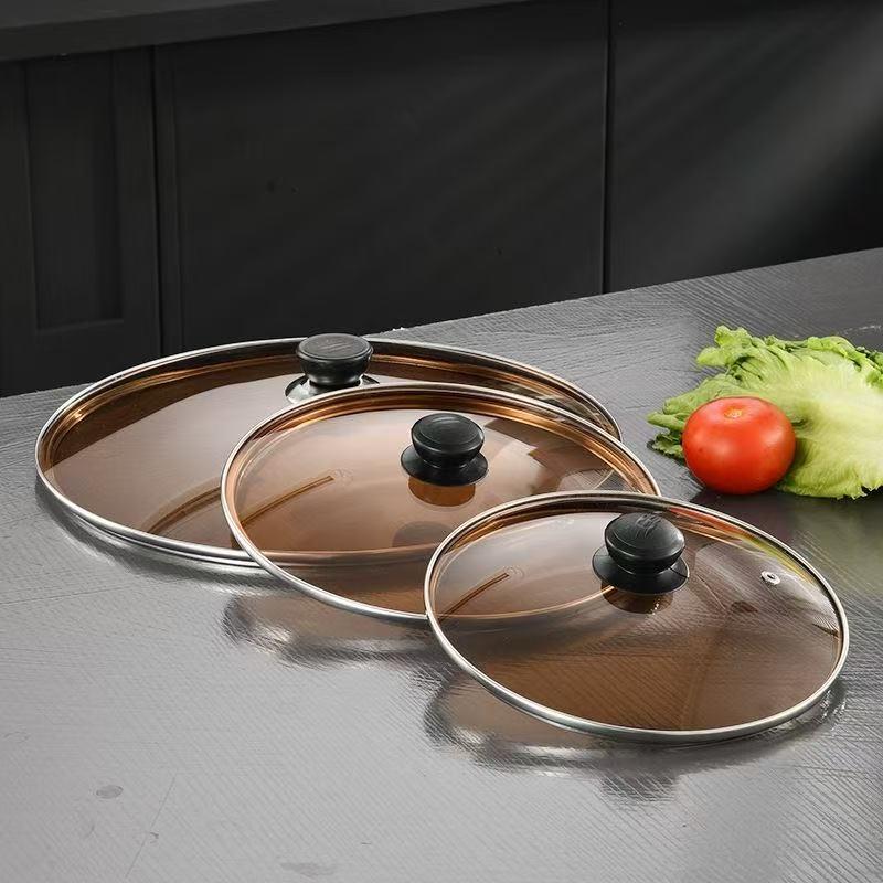 Коричневая крышка из закаленного стекла с ободком из нержавеющей стали - Универсальная посадка для вока и антипригарных сковородок для жарки 16cm