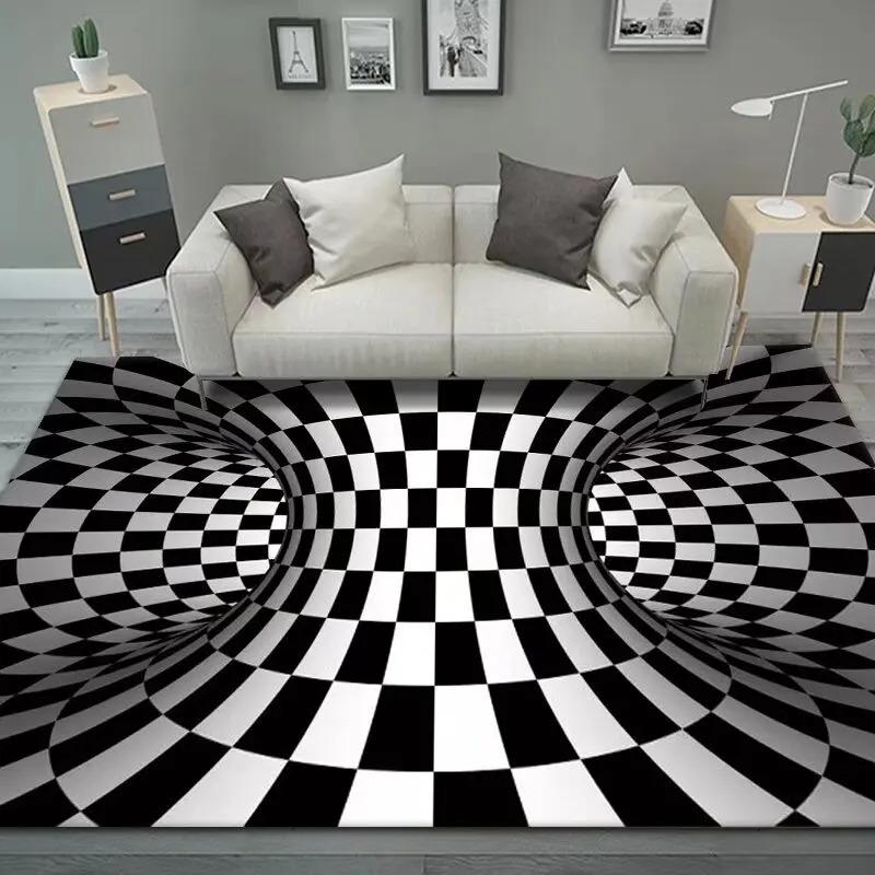 Large Size Carpet 3D Vortex Illusion Black White Rug Abstract Geometric Optical Mat Non-Slip for Bedroom Living Room Decoration