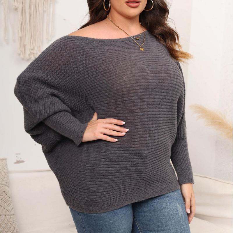 Women s Pullover Knitted Sweater Plus Size Women s Clothing Autumn Winter Batwing Sleeve Off-Shoulder Loose Sweater S