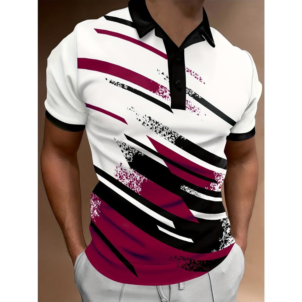 Men's Polo Shirts 3D Digital Pattern Casual Button Up Short Sleeve Shirt Breathable Comfortable