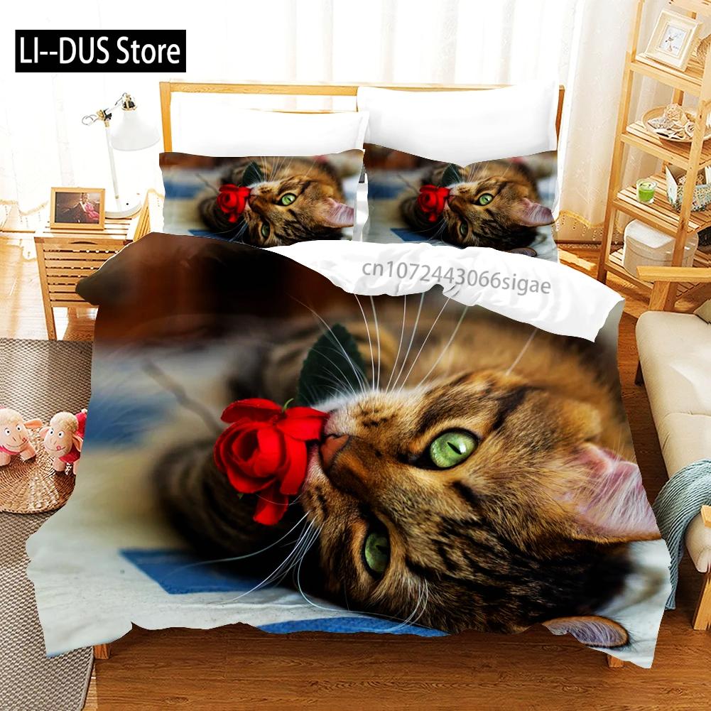 Sött husdjurskatter 3D-tryckt sängklädesset heminredning överkast polyester djur sängkläder mjukt sött påslakan med örngott