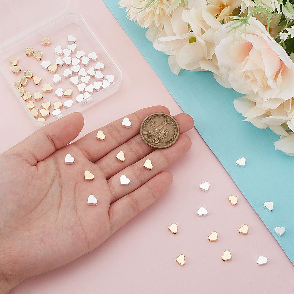 100Pcs 2 Colors Brass Beads, Heart, Mixed Color, 6x7x3mm, Hole: 1.6~1.8mm