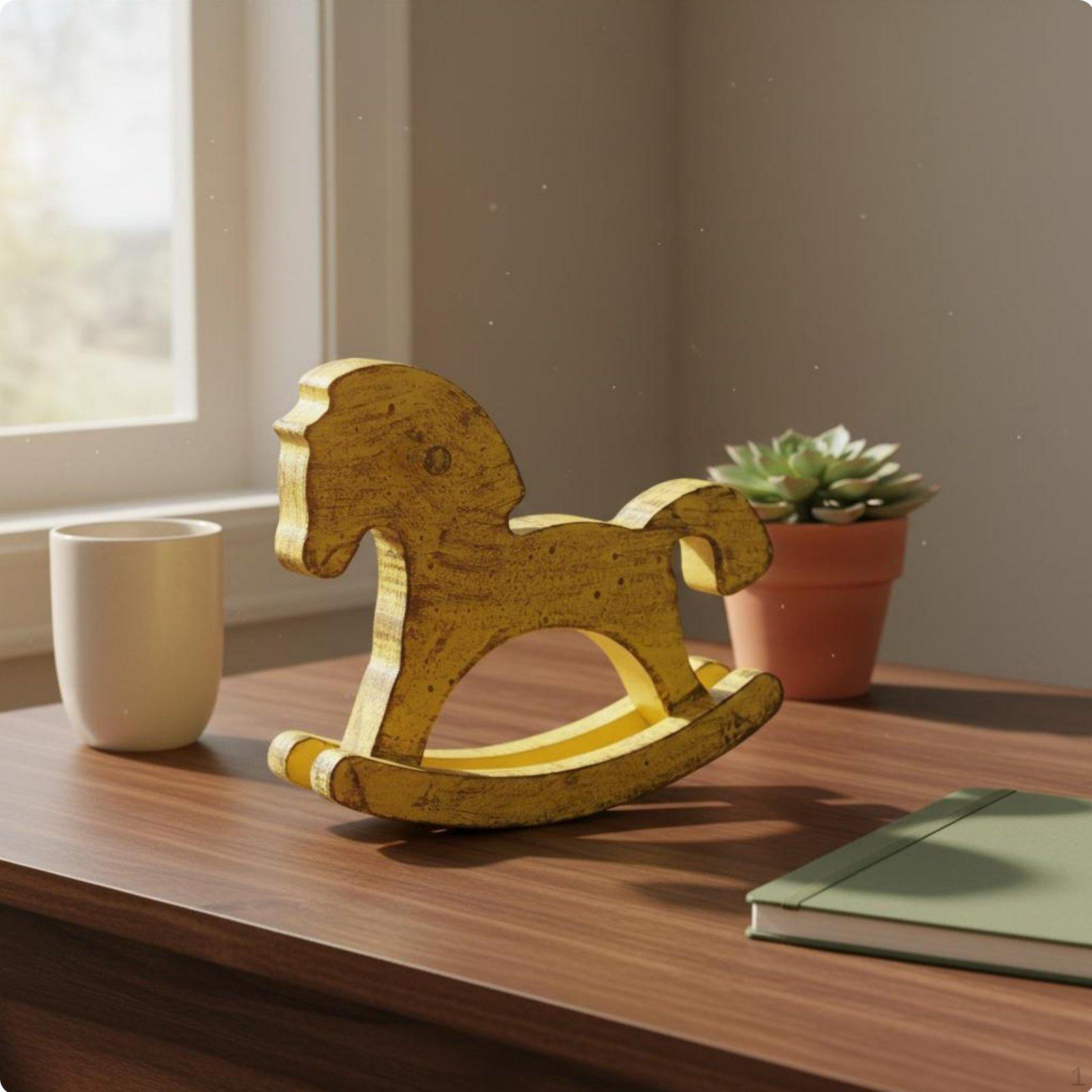 Wooden Rocking Horse Figurine HandPainted Finish Small Decorative Tabletop Ornament Yellow