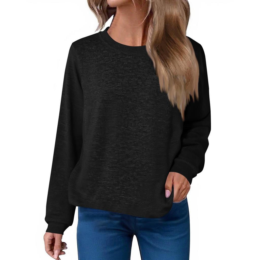 Women's Fashion Loose Round Neck T-Shirt Solid Color Casual Long Sleeve Top