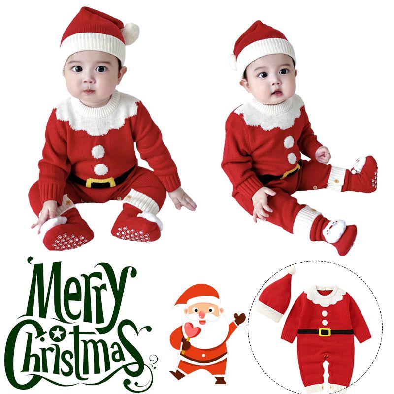 Adorable Christmas Baby Knitted Romper Jumpsuit Outfit W/ Santa Claus Sweater Hat